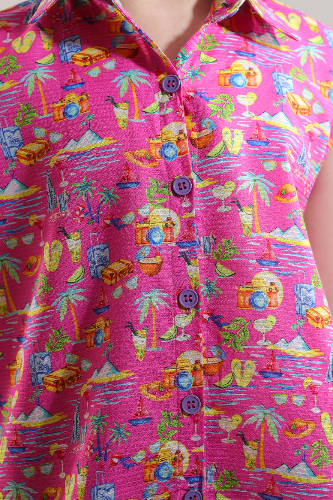 Stitched Cotton Dobby Printed Sleeveless Collared Shirt With Front Knot For Kids - Image 4